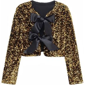 Perbai Womens Casual Sequin Jacket Bow Coat Sparkling Crop Top Party Night Y2K Concert