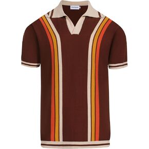 OXKNIT Mens Retor Polo Striped Brown V-Neck Knitted Shirt 1960s Mod Style Vintage Collared T Shirt