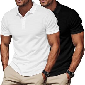 Mens Polo Shirts 2 Pack Breathable Short Sleeve Golf Shirt Casual Button Down Shirt Lightweight Collared Waffle Shirts