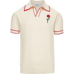 OXKNIT Men's Knit Vintage Polo Shirts Short-Sleeve Casual V Neck Shirt with Embroidered Rose for Sport Work