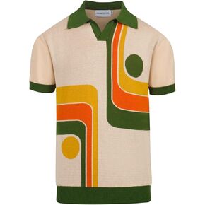 OXKNIT Mens Knit Polo Shirts 1960s Mod Style Vintage Short Sleeve Shirt with Geometrical Design
