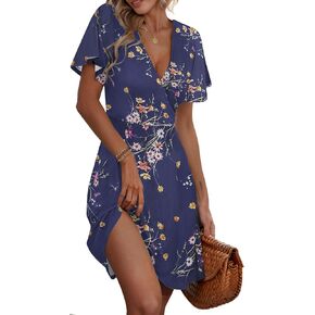 etcyy new Womens Summer Dresses Slant Open v Neck Neck Floral Sundresses Flowy Dress