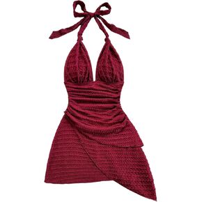 SOLY HUX Women's Sexy Leopard Print Halter V Neck Mini Dress Retro Backless Fitted Bodycon Dresses