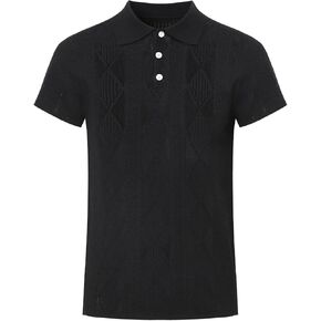 Men's Vintage Jacquard Knit Polo Shirt Structured Collar Slim Fit Breathable Casual Office Golf Attire