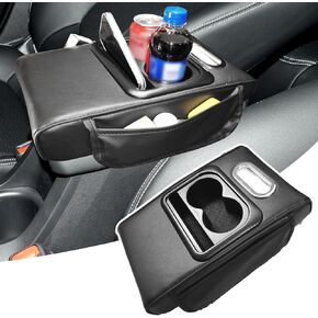 Center Console Cover with Cup Holder, Phone Holder, Tissue Box &2 Side Pocket Leather Memory Foam Armrest Booster Cushion for Most Vehicles Multi-Functional Middle Console No Embroidery (Black)
