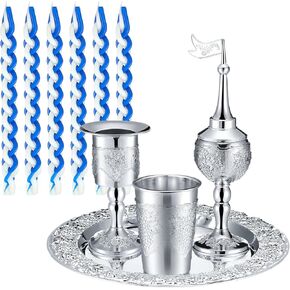 Mumufy 9 PCS Sabbat Havdalah مجموعة تشمل Havdualah Candle Holder Kiddush Cup Spice Box Plate Silver Plate with 5 Pcs Havdalah Candle for Shabbat Judaica Decoration