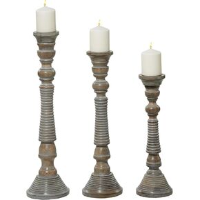Deco 79 Mango Wood Wood Handmade Covative Candle Candle Stand ، مجموعة من 3 حامل شموع 23 "، 21" ، 18 "H ، رمادي فاتح