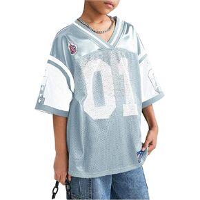Verdusa Girl's Letter Print V Neck Mesh Soccer Jersey Shirt Half Sleeve Loose Number Shirt
