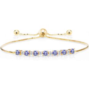 Gem Stone King 1.20 Cttw Round Blue Tanzanite and White Topaz 18K Yellow Gold Plated Silver Adjustable Tennis Bracelet for Women | Round 3MM and 1.7MM | Adjustable Bolo Bracelet For Women