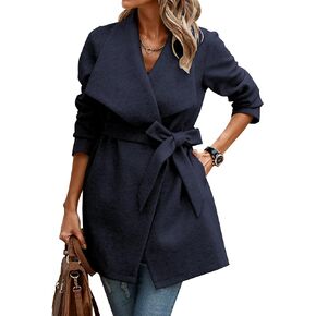 AOVDE Women's Lapel Collar Pea Coats 2024 Winter Wool Blend Overcoat Long Cardigan Jackets Navy Blue Small