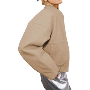 Womens Wool Blend Bomber Jacket Casual Cropped Boxy Fit Coat Elastic Hem Snap Button Outwear with Pockets