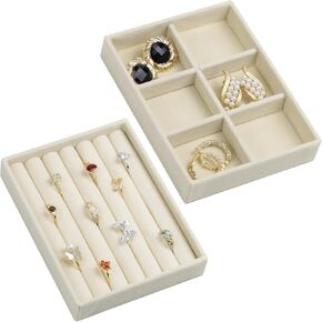 Velvet Jewelry Organizer Box, Jewelry Drawer Organizers Trays, Earring Ring Necklace Holder Display Case (Beige, Ring+6 Grid Trays)