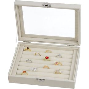 صندوق منظم المجوهرات المخملية ، صواني درج المجوهرات ، علبة عرض حامل قلادة قلادة (بيج ، حلقة+6 صواني الشبكة) in Kuwait