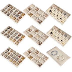 DIVINA VITAE Drawer Jewelry Organizer Tray, Stackable Velvet Jewelry Drawer Organizer Inserts Container Display Case Storage for Earring Stud Necklace Bracelet Ring Watch,Set of 9(Beige)
