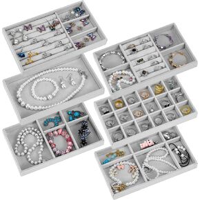 6Pcs Velvet Jewelry Tray Stackable Jewelry Drawer Organizer Inserts Divided Jewelry Box Display Case Storage for Earring Necklace Rings Bracelet Watch Bangle (Grey)