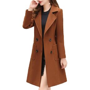 SOMTHRON Women's Winter Wool Blend Mid Long Pea Coat Double Breasted Notched Lapel Overcoat Jacket Outwear