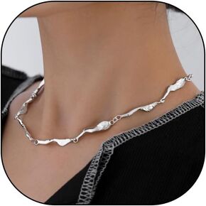 Rrdaily Silver Irregular Wavy Collar Necklace for Women Minimalist Chunky Adjustable Metal Clavicle Choker Unique Wavy Splicing Necklace Y2K Jewelry Accessory
