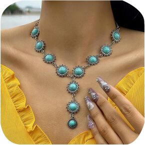 Fashion Vintage Retro Long Turquoise Boho Necklace Bohemian Statement Ethnic Tribal Necklace for Women Handmade Large Bib Jewelry Gifts Alloy Synthetic Turquoise