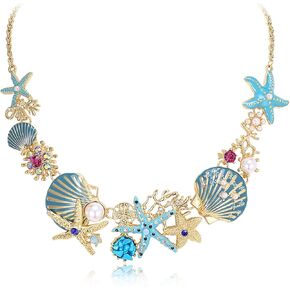 قلادة Flyonce Shell Starfish للنساء ، صدف الأزرق لؤلؤة Conch بيان مكتنزة قلادة طوق حورية البحر المجوهرات شاطئ الصيف الأزرق