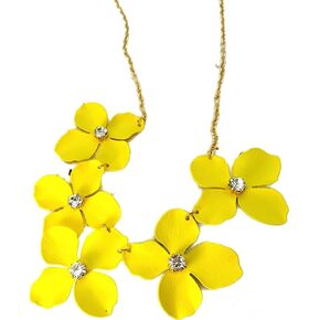 Floral Statement Necklace with Crystal Centers, Gold Chain, Yellow flowers