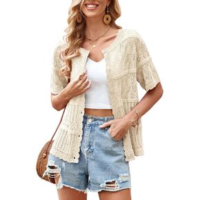 ECOWISH Summer Crochet Cardigans for Women: 2025 Lightweight Short Sleeve Crewneck Button Down Cropped Casual Sweater Tops