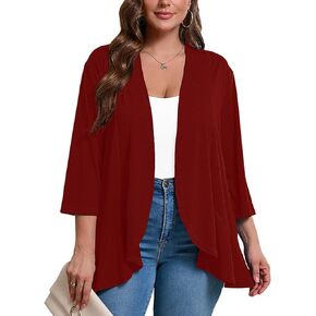 AusLook Women's Plus Size 3/4 Sleeves Lightweight Open Front Cardigan Draped Ruffles Shawls and Wraps Shrugs Kimono Jacket