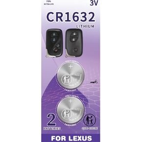 Key Fob Replacement Battery CR1632 (2-Pack) for Lexus RX350 (07-15), GX460 (10-20), ES350 (07-12), IS250/350 (06-13), CT200h (11-17), LS460 (07-17), RX450h (10-15) Smart Remote Fobs Battery