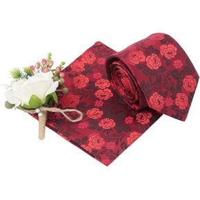 DQT Floral Rose Wedding Tie and Pocket Square Set for Men