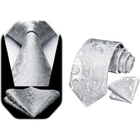 Hisdern Paisley Silver Ties for Men Tie Solid Tie Clankkerchief Men's Necktie & Pocket Squar
