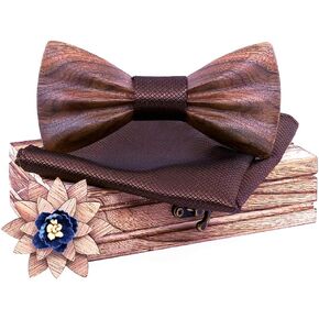 Mens Handmade Natural Wood 3D Design Bow Tie with Pocket Square and Men's Wooden Lapel Flower Boutonniere Set
