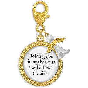 Wedding Bouquet Memorial Remembrance Charm with Angel and Quote Charm in my Heart as I Walk Down the Aisle Clip on Memory Wedding Day Bright Gold