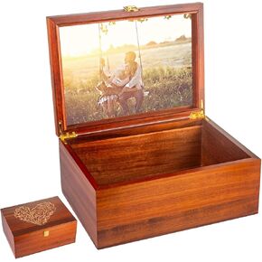 Larger Wooden Memory Keepsake Boxes With Hinged Lids and a photo frame inside the lid - Decorative Storage Box With a Hinge Lids For Picture Letter Time Capsule - 5.3“*8.6"*11.7“- Acacia