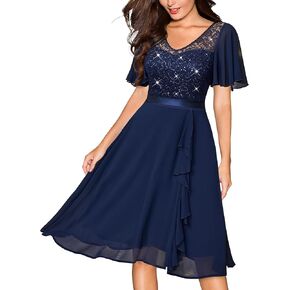 Miusol Women's Sequin Lace V Neck Ruffle Style Cocktail Party Chiffon A-line Dress