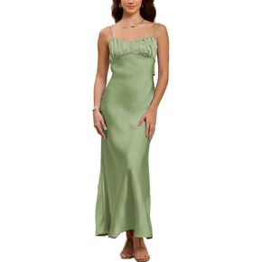 Satin Spaghetti Strap Backless Ruched Twist Cocktail Dresses for Women Silk Open Back Cut Out Midi Dress Wedding Guest
