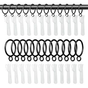 1.25 Inch Curtain Rings with Hooks, 24 Pack Black Metal Drapery Rings with Pins Fits Up to 1" Curtain Rods