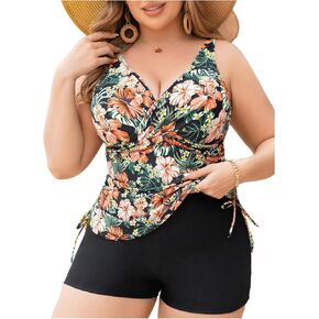 Women's Plus Size Tankini Swimsuits Tropical Print Floral Summer Bathing Suit with Shorts 2 Piece Bathing Suit
