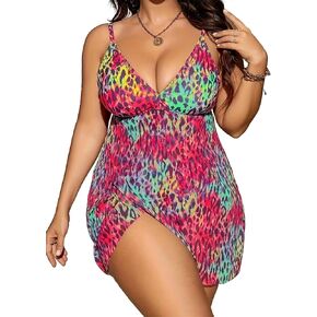 Women's Tummy Control Plus Size Tank Tankini Bathing Suits 2Pcs Leopard Swimuits V Neck Swimdress with Bikini Bottom