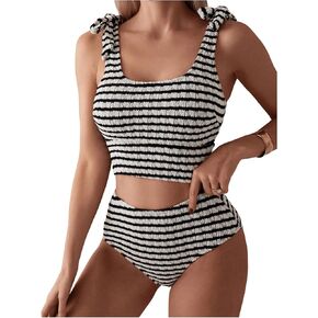 SOLY HUX Women's Striped Tankini Sets Tie Shoulder High Waisted Swimsuits Two Piece Bathing Suit