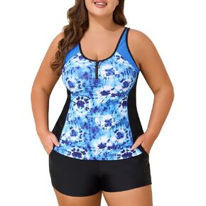 Summer Mae Zip Front Plus Size Tankini Swimsuit Women Two Piece Sport Bathing Suit with Pockets Shorts Tummy Control Swimwear
