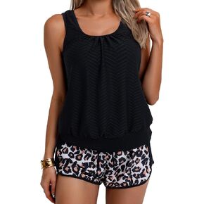 Tankini Swimsuit for Women Modest Two Piece Bathing Suit Scoop Neck Swim Suits with Boy Shorts