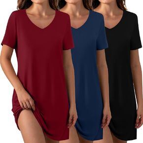 Riyiper 3 Pack Women's Soft Nightdress, Short Sleeve V Neck Nightgowns Casual Plain Sleepshirts Loose Solid Sleep Dress