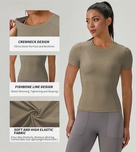 Women's Compression Shirts Short Sleeve Crewneck Athletic Nylon Workout Tops Yoga Gym Quick Dry Tee Shirts in Kuwait