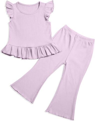 Toddler Girl Clothes Ribbed Ruffle Knit Sleeve shirt & Flare Pants Set Spring Summer Bell-bottoms Outfits in Kuwait