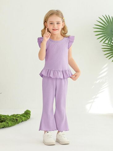 Toddler Girl Clothes Ribbed Ruffle Knit Sleeve shirt & Flare Pants Set Spring Summer Bell-bottoms Outfits in Kuwait