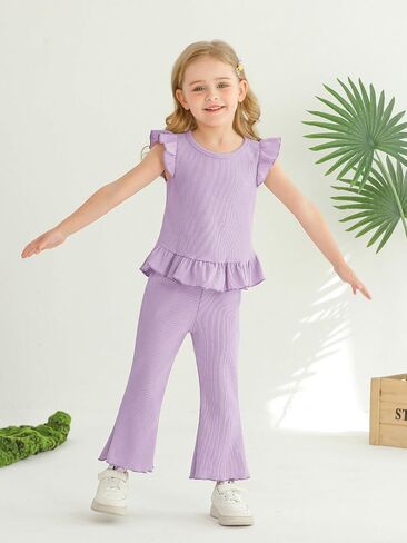 Toddler Girl Clothes Ribbed Ruffle Knit Sleeve shirt & Flare Pants Set Spring Summer Bell-bottoms Outfits in Kuwait