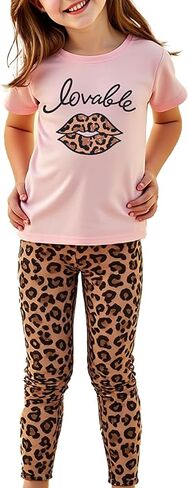 Girls' 2-Piece Short Sleeve Tee & Stretch Athletic Leggings Cute Printed Outfit Set for Toddler & Little Girls 3-9 Y in Saudi Arabia