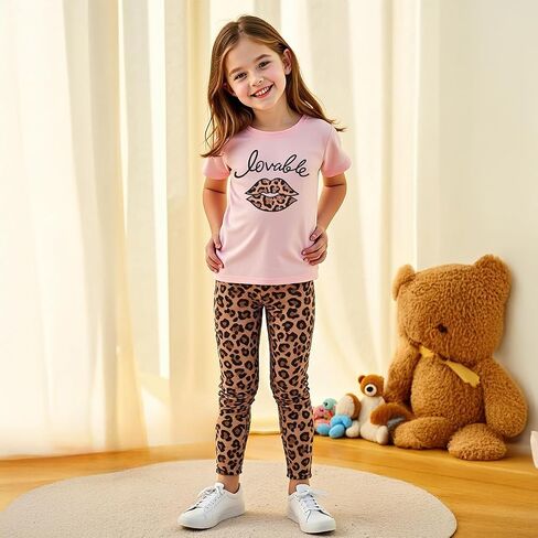 Girls' 2-Piece Short Sleeve Tee & Stretch Athletic Leggings Cute Printed Outfit Set for Toddler & Little Girls 3-9 Y in Saudi Arabia