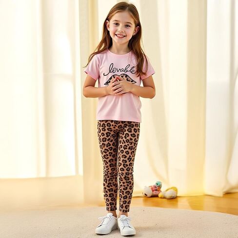 Girls' 2-Piece Short Sleeve Tee & Stretch Athletic Leggings Cute Printed Outfit Set for Toddler & Little Girls 3-9 Y in Saudi Arabia