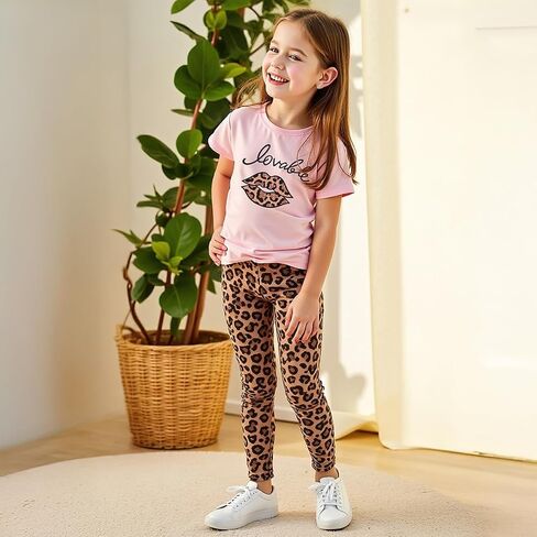 Girls' 2-Piece Short Sleeve Tee & Stretch Athletic Leggings Cute Printed Outfit Set for Toddler & Little Girls 3-9 Y in Saudi Arabia