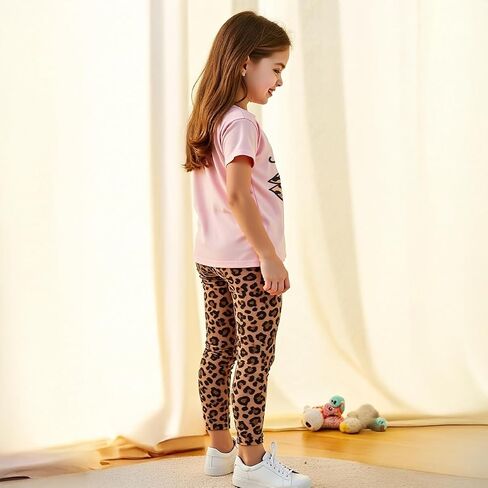 Girls' 2-Piece Short Sleeve Tee & Stretch Athletic Leggings Cute Printed Outfit Set for Toddler & Little Girls 3-9 Y in Saudi Arabia